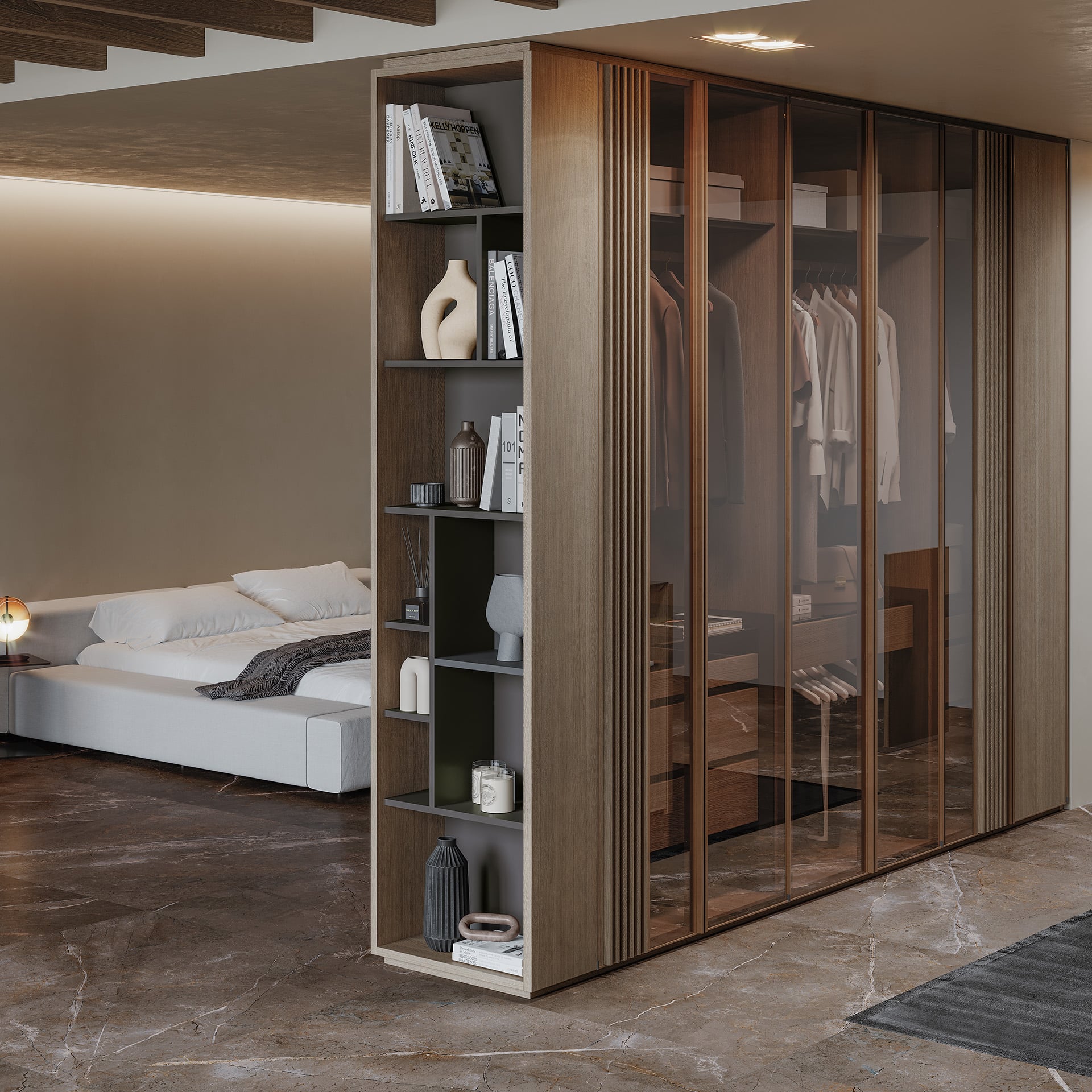 Armoires de luxe collection Nara avec façades en bois noble et poignées intégrées