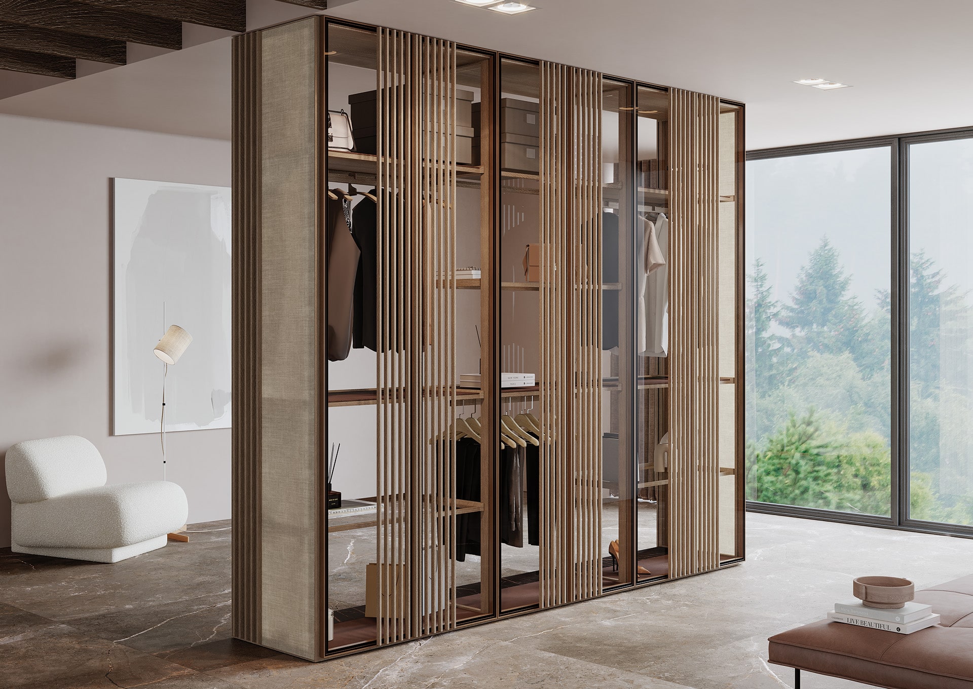 Armoires de luxe armoire nara 02 | uecko — fusion de matériaux et design unique Armoires de luxe armoire de la collection nara de uecko aux matériaux mixtes et treillis décoratif avec verre