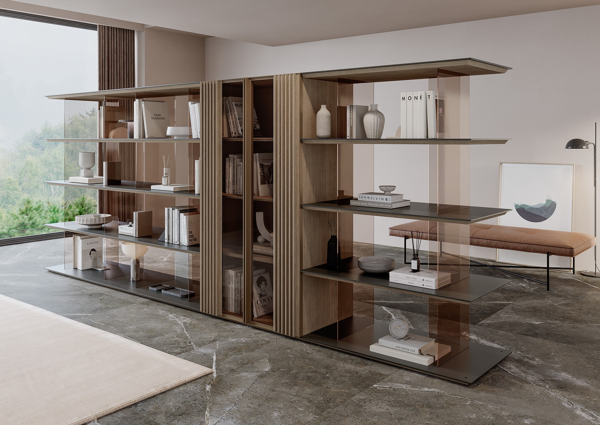 Armoires de luxe étagère nara 01 | uecko — étagères contemporaines inspiration japonaise Armoires de luxe étagère nara 01 de uecko en bois, verre et porcelaine, design japonais de luxe