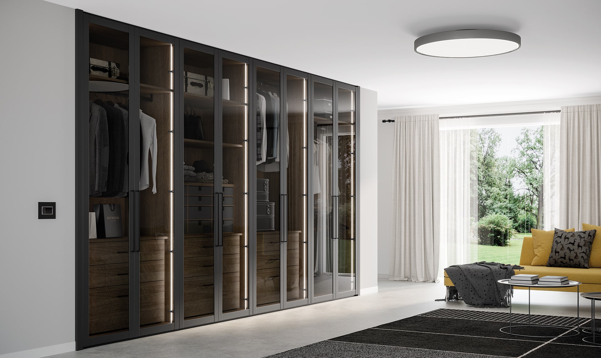 Armarios de lujo détail de l'armoire collection Cronos de UECKO avec panneaux personnalisables, finitions nobles et design classique revisité
