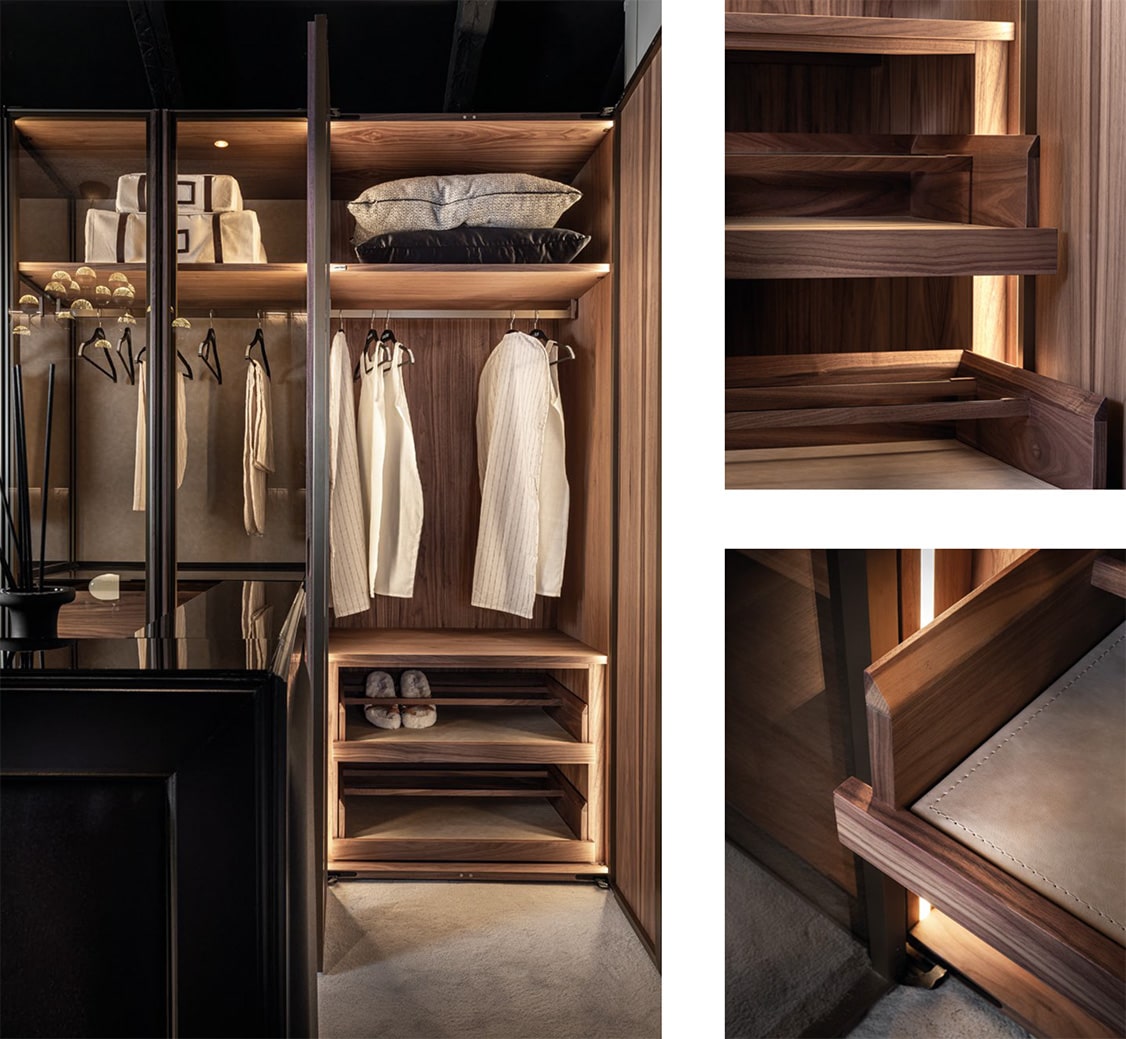 Armoires de luxe intérieur de dressing UECKO en bois noble avec éclairage intégré et détails artisanaux
