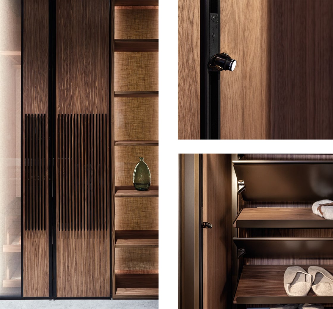 Armoires de luxe détail de la poignée et des étagères dans l'intérieur du dressing UECKO avec finition en bois naturel