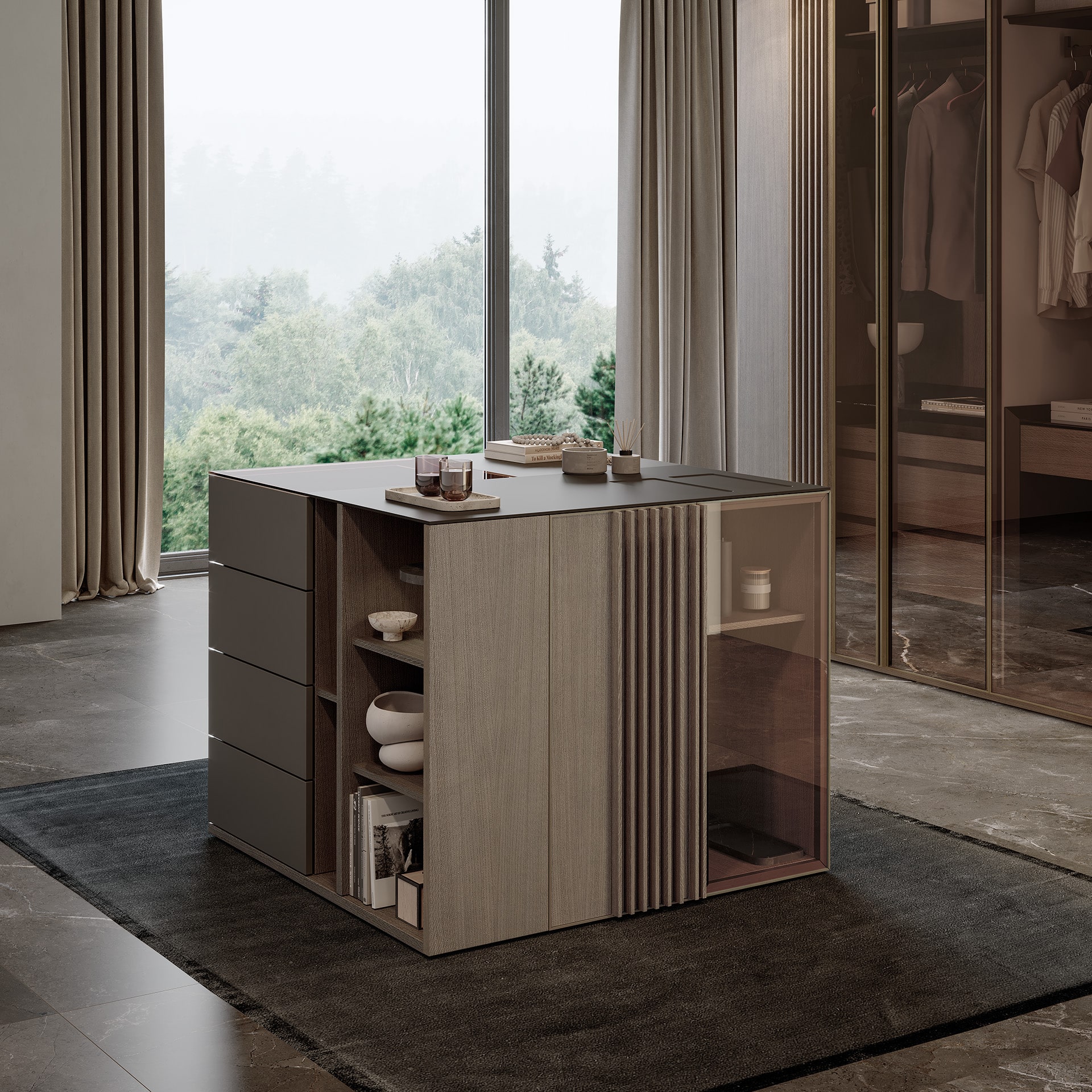 Armoires de luxe îlot nara a | uecko — organisation modulaire intelligente Armoires de luxe îlot de dressing de la collection nara de uecko avec surfaces modulaires et compartiments intelligents