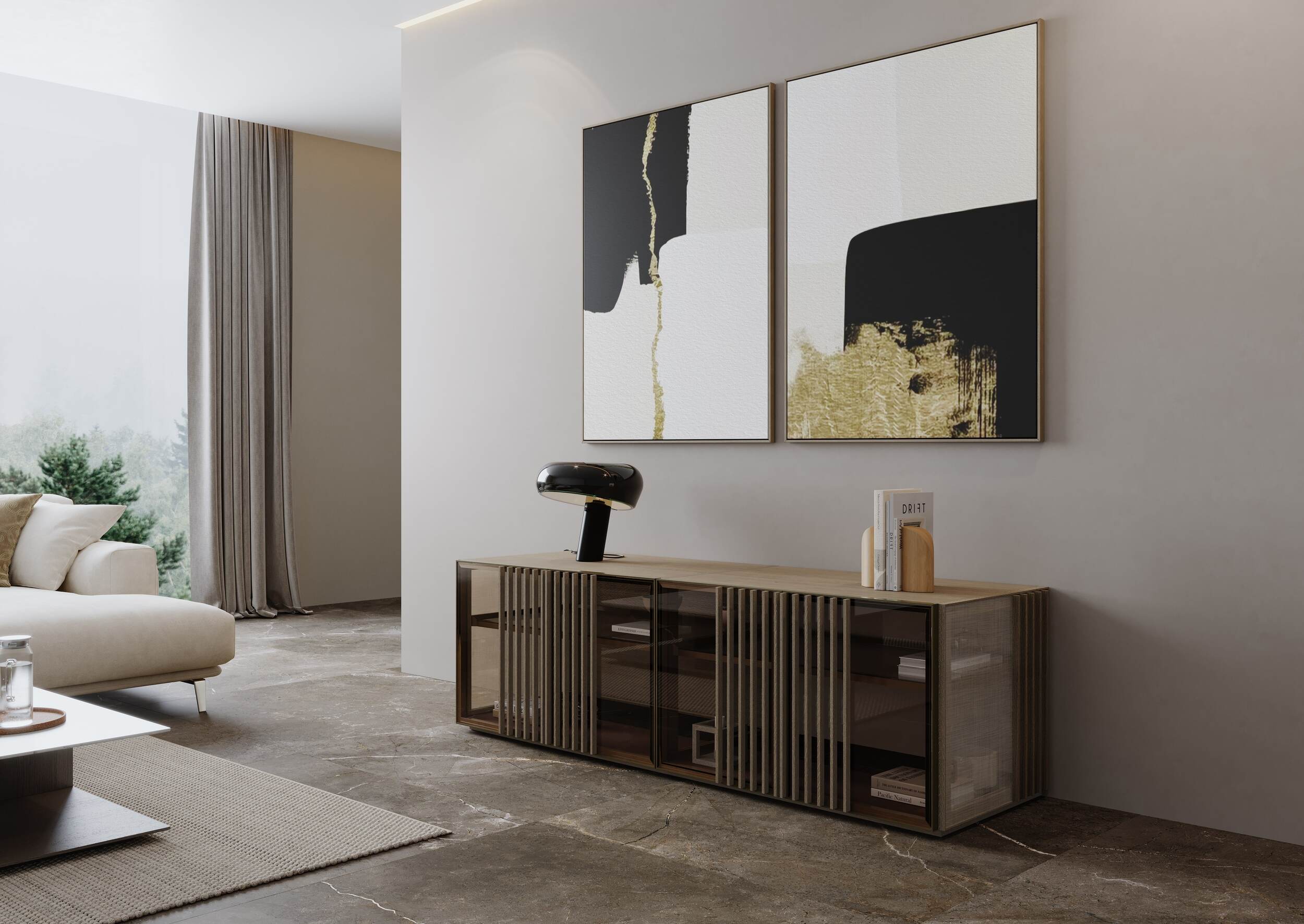 Armoires de luxe buffet nara 02 | uecko — polyvalence, élégance et durabilité Armoires de luxe buffet 02 de la collection nara de uecko au design contemporain bas en verre et bois