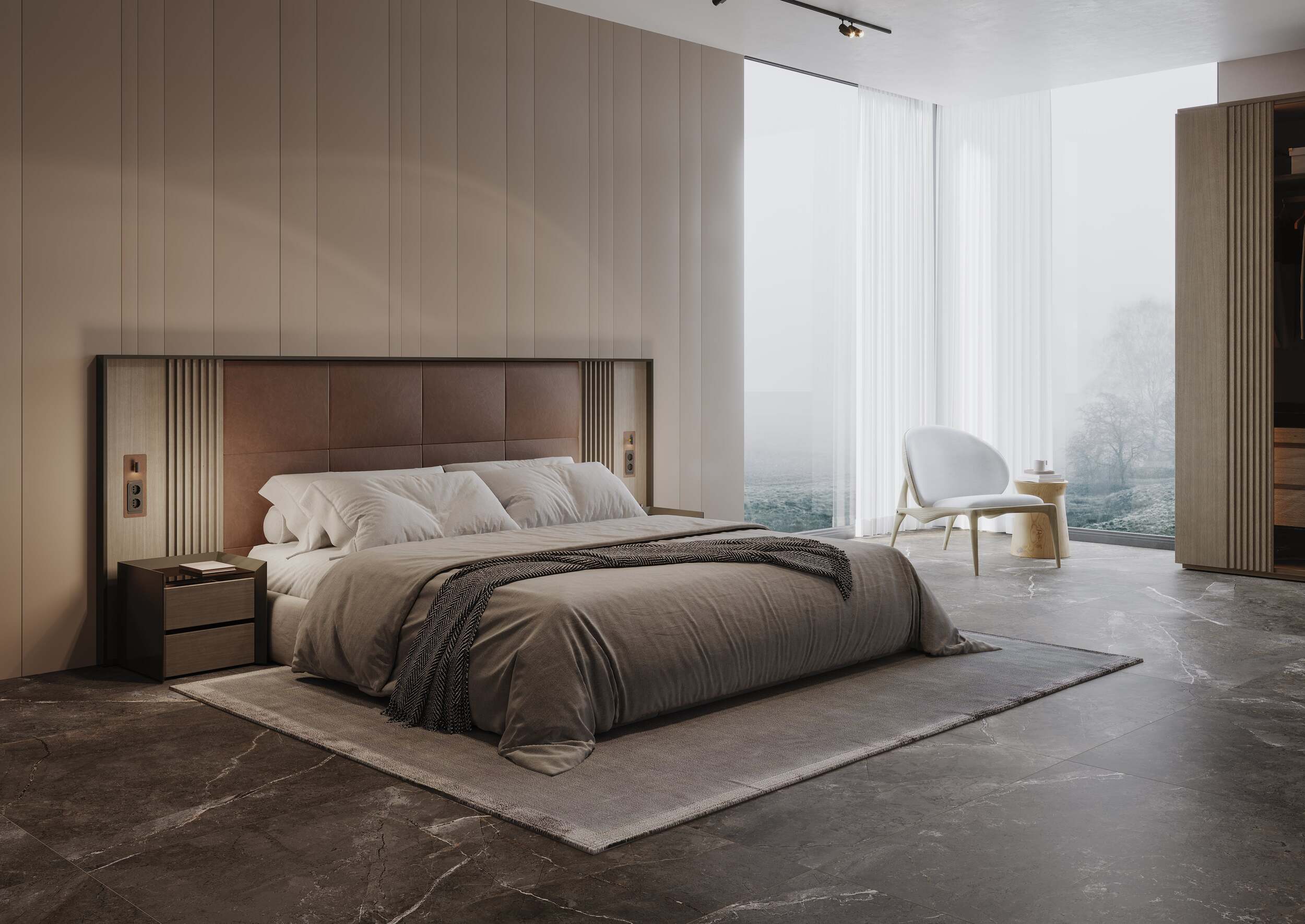 Armoires de luxe tête de lit nara 01 | uecko — légèreté visuelle et sophistication fonctionnelle Armoires de luxe tête de lit 01 de la colección nara de uecko tapissée en tissu ou cuir avec moulures verticales en bois