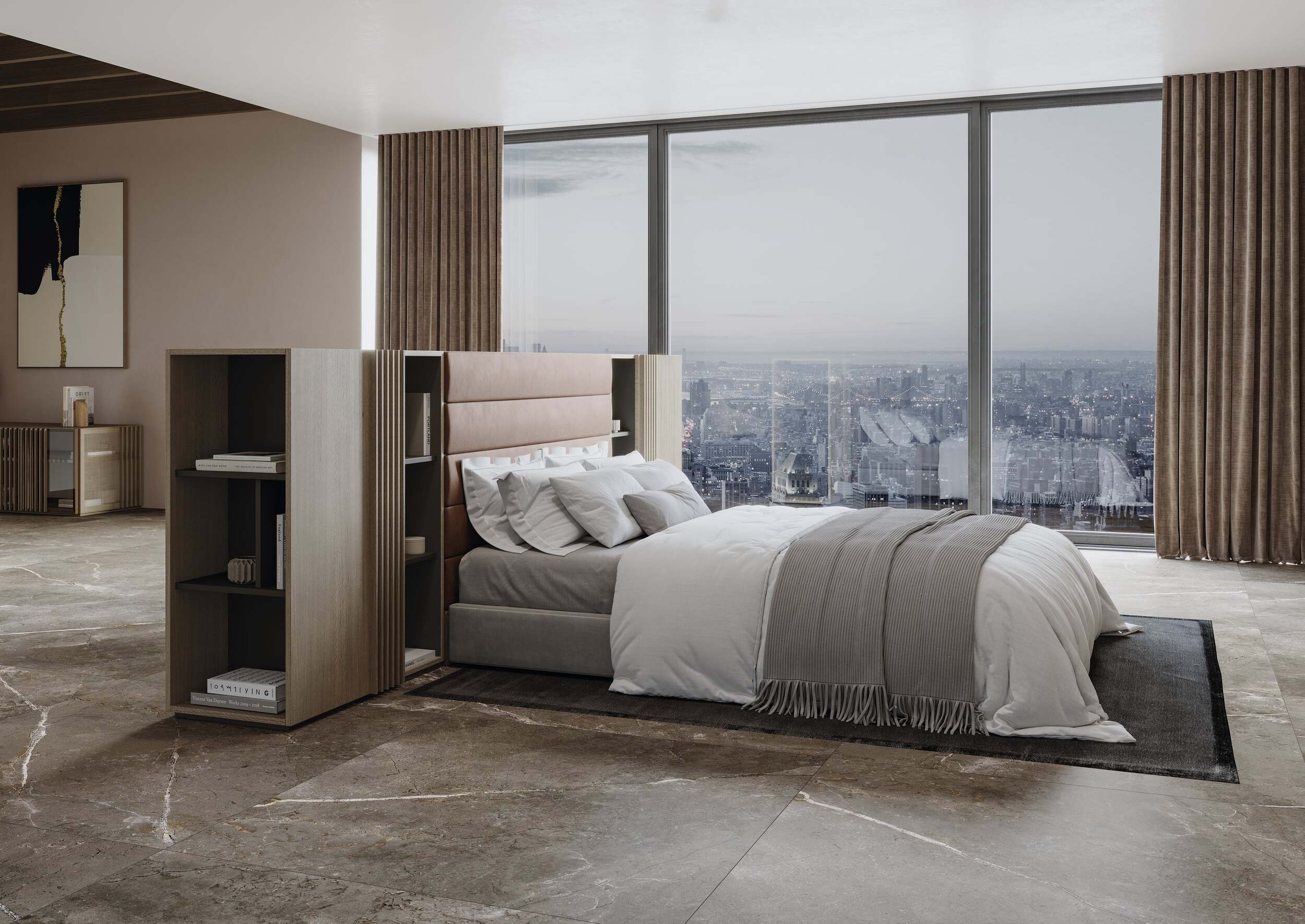 Armoires de luxe tête de lit nara 02 | uecko — minimalisme et fonctionnalité Armoires de luxe tête de lit 02 de la collection nara de uecko au profil minimaliste, textures nobles et structure discrète