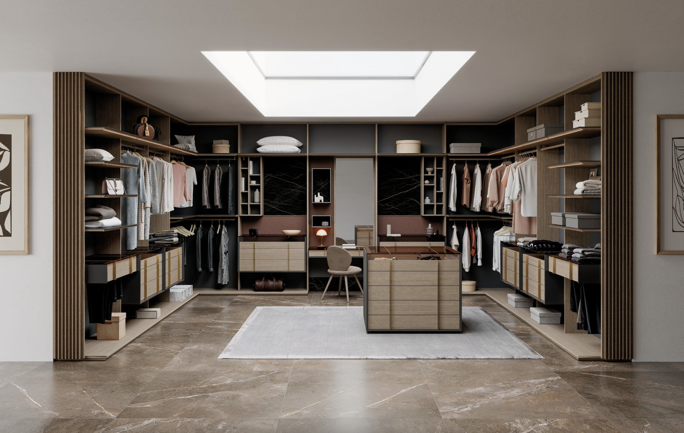 Armoires de luxe dressing nara 01 | uecko — menuiserie artisanale et treillis décoratif Armoires de luxe espace de dressing de la collection nara de uecko avec menuiserie artisanale et treillis décoratif