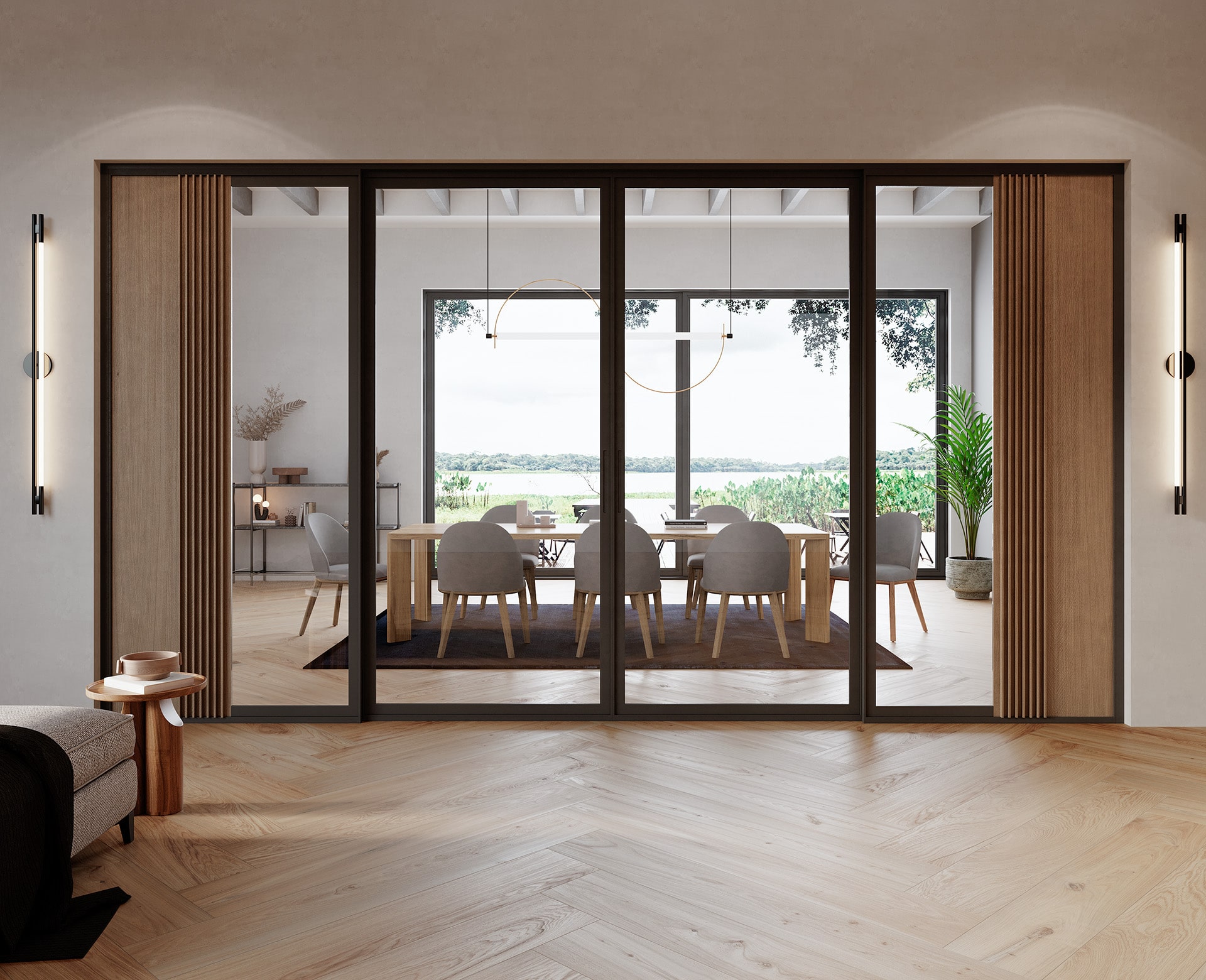 Armoires de luxe séparateur nara | uecko — connexion visuelle fluide et élégance architecturale Armoires de luxe séparateur nara de uecko avec panneaux en bois et verre qui définissent sans fermer l’espace
