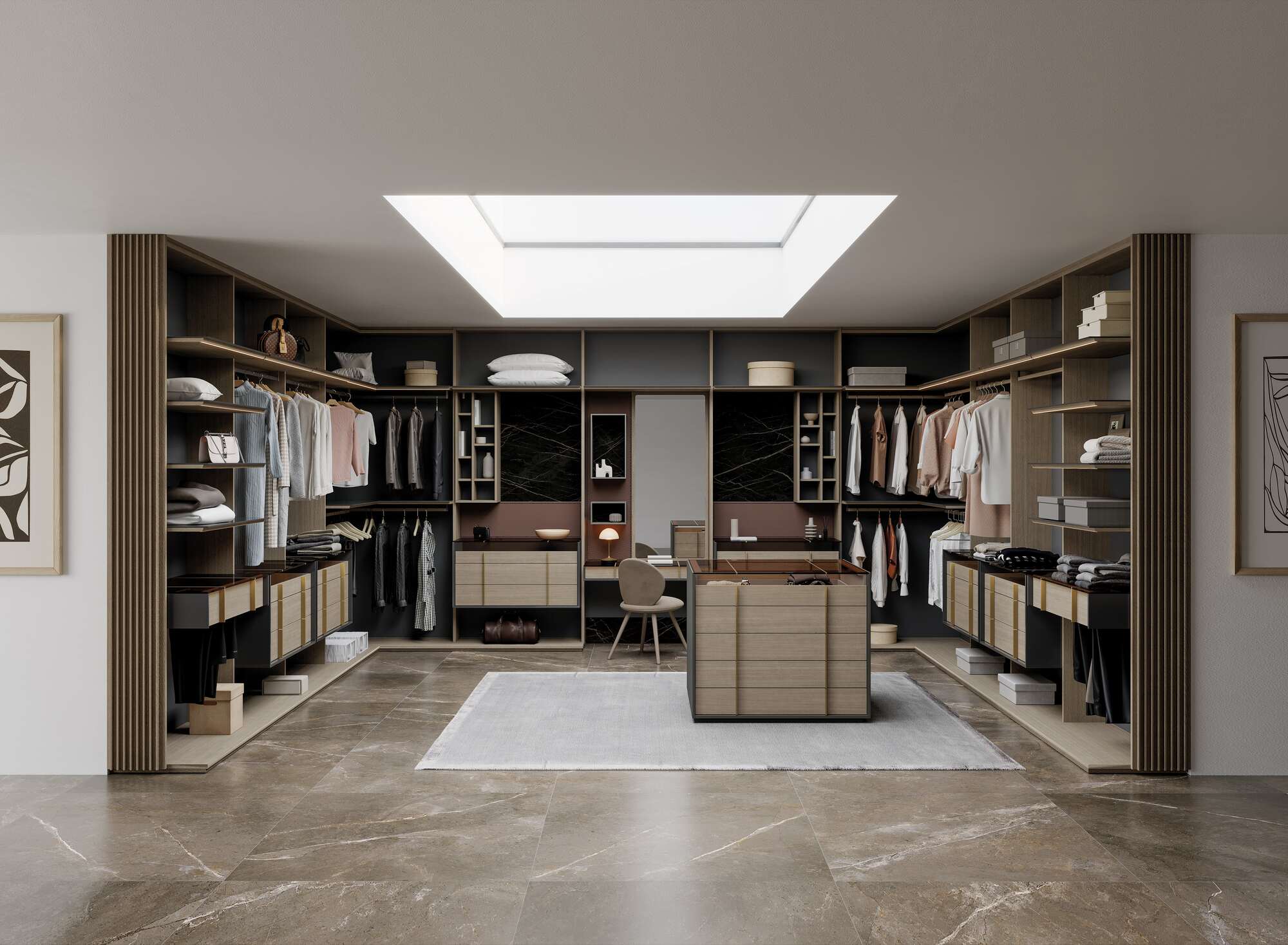 Dressing de luxe semi-suspendu UECKO en bois naturel et cuir avec treillis décoratif