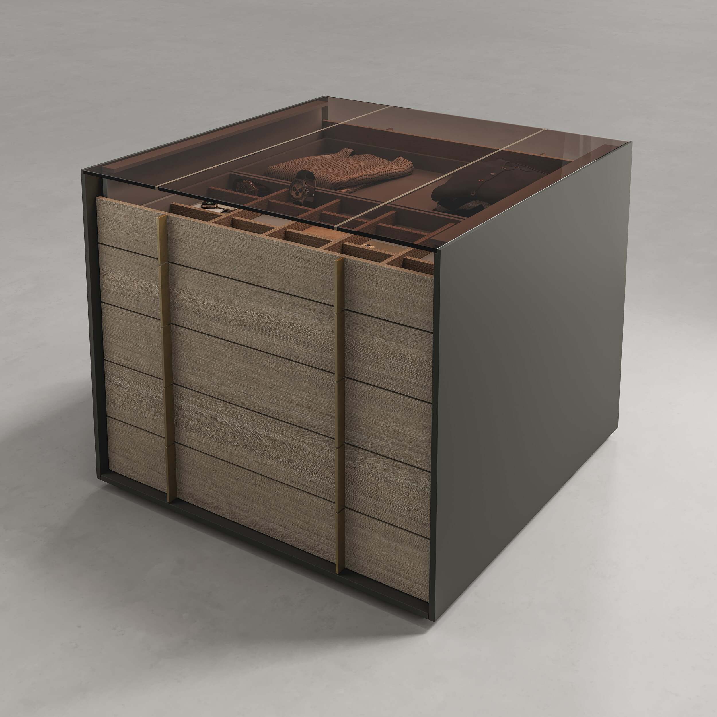 Luxury wardrobes dressing island 2 with top support surface and glass compartment
