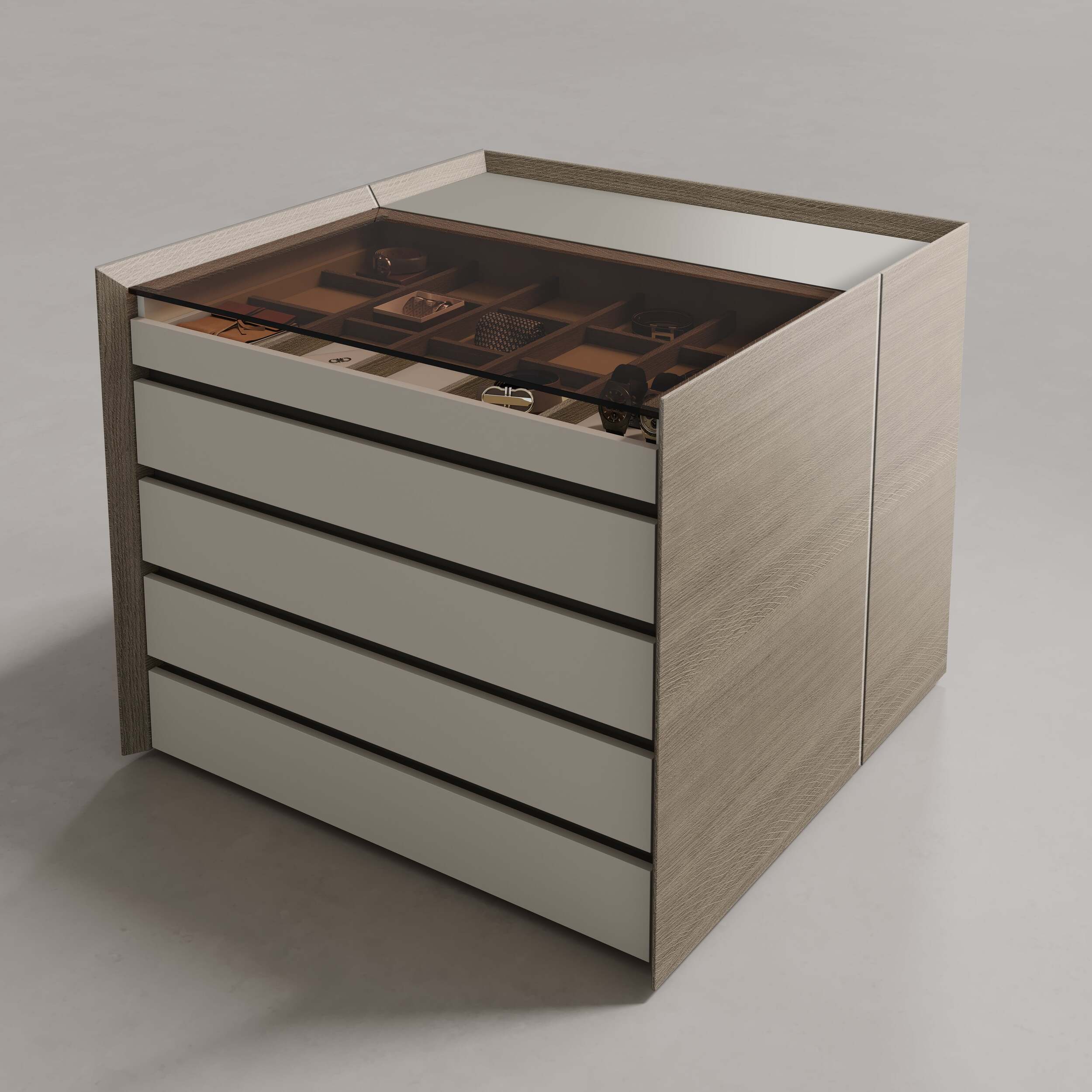 Luxury wardrobes dressing island 3 with open shelving and integrated drawers