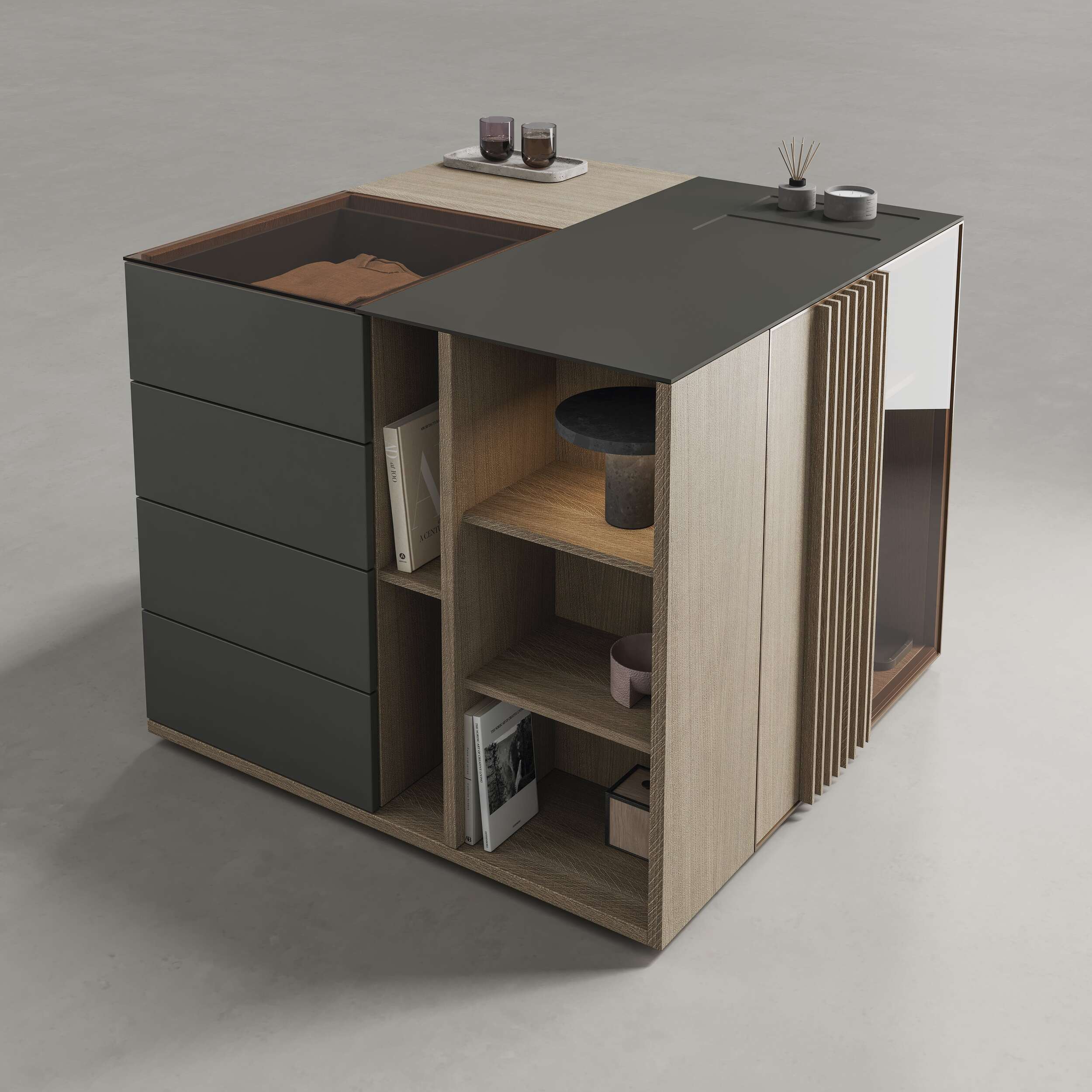 Luxury wardrobes dressing island 4 with combination of materials and customized finishes