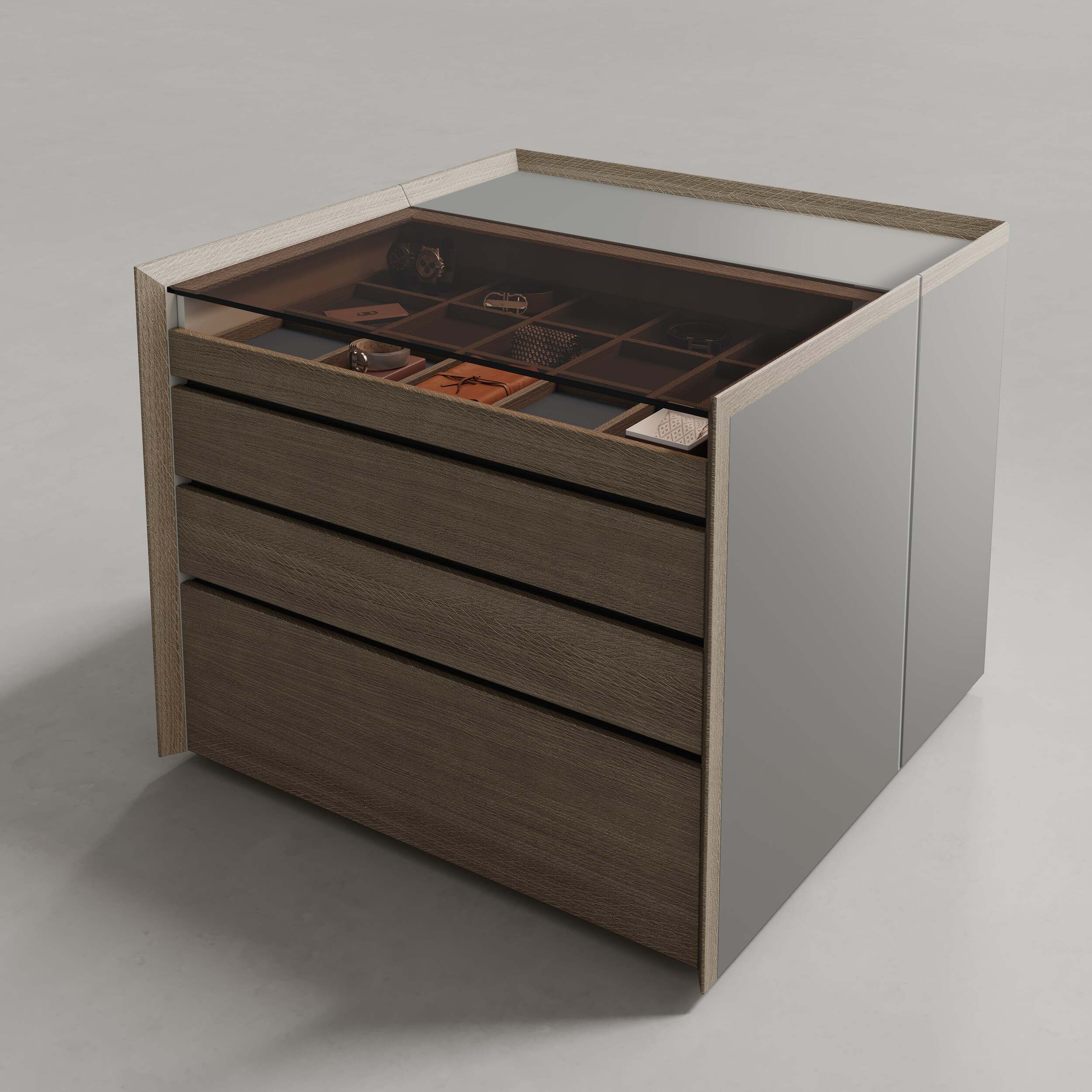 Luxury wardrobes dressing island Uecko with front and side drawers in noble wood