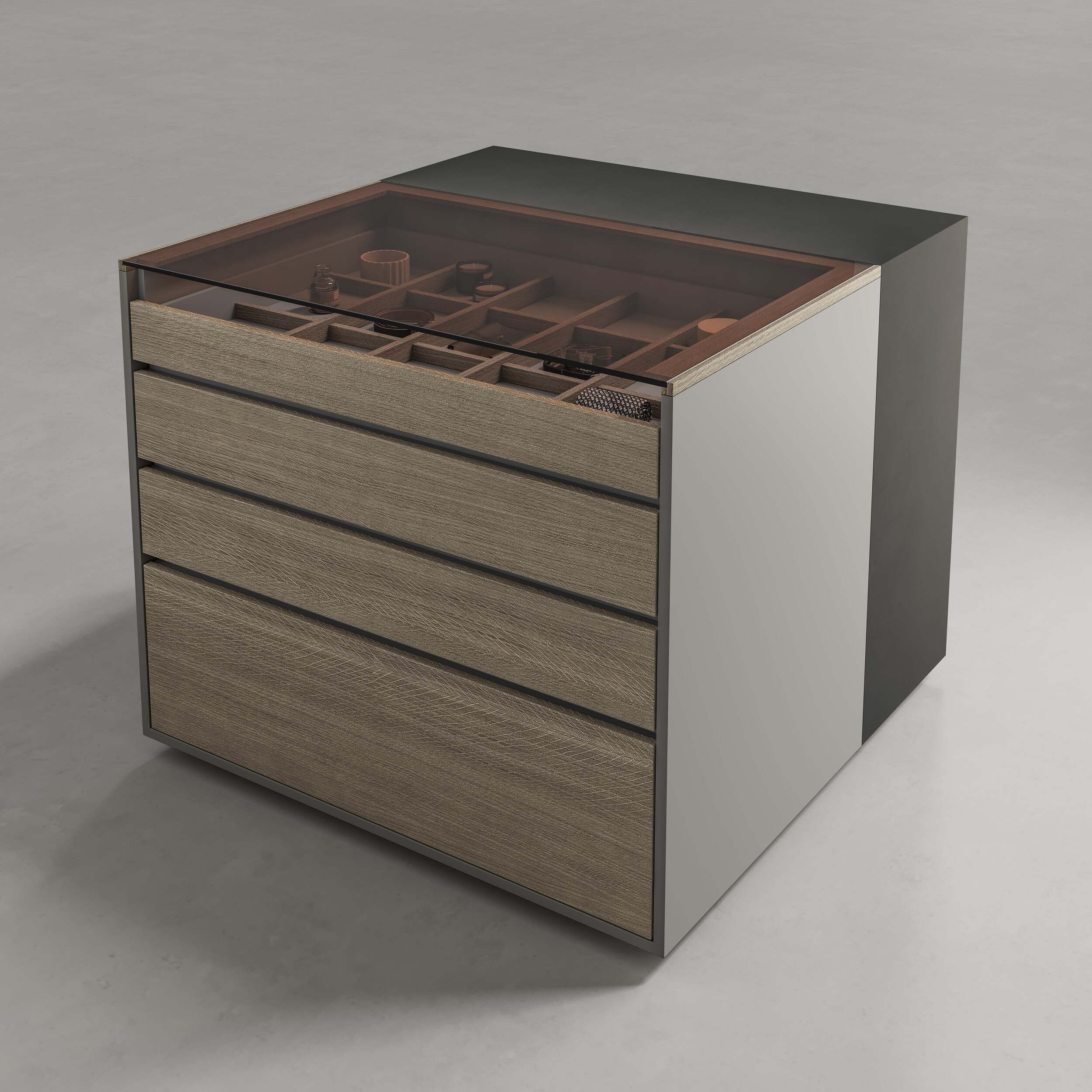 Luxury wardrobes dressing island Uecko with minimalist front panel and metal base