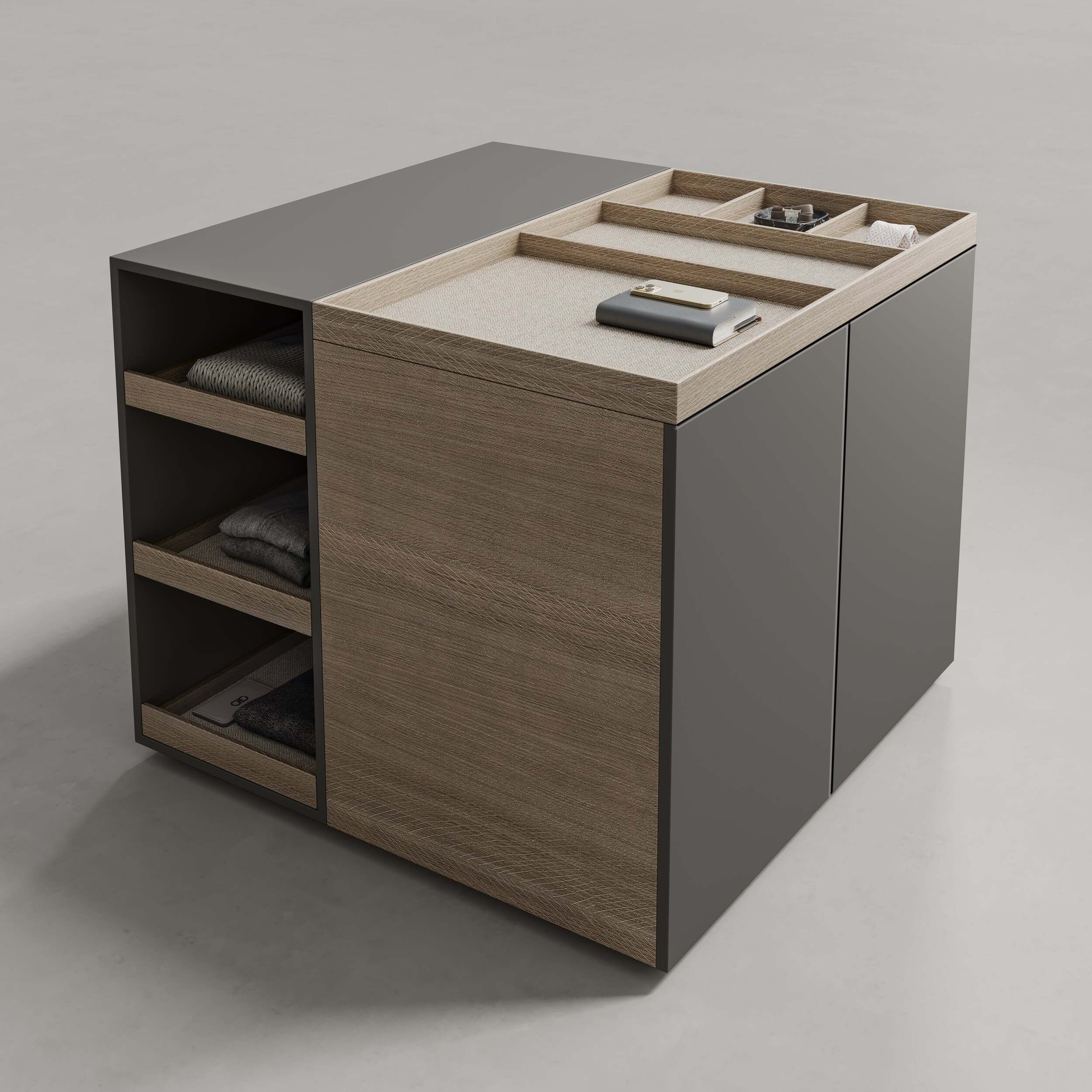Luxury wardrobes dressing island Uecko with organizer trays and glass top